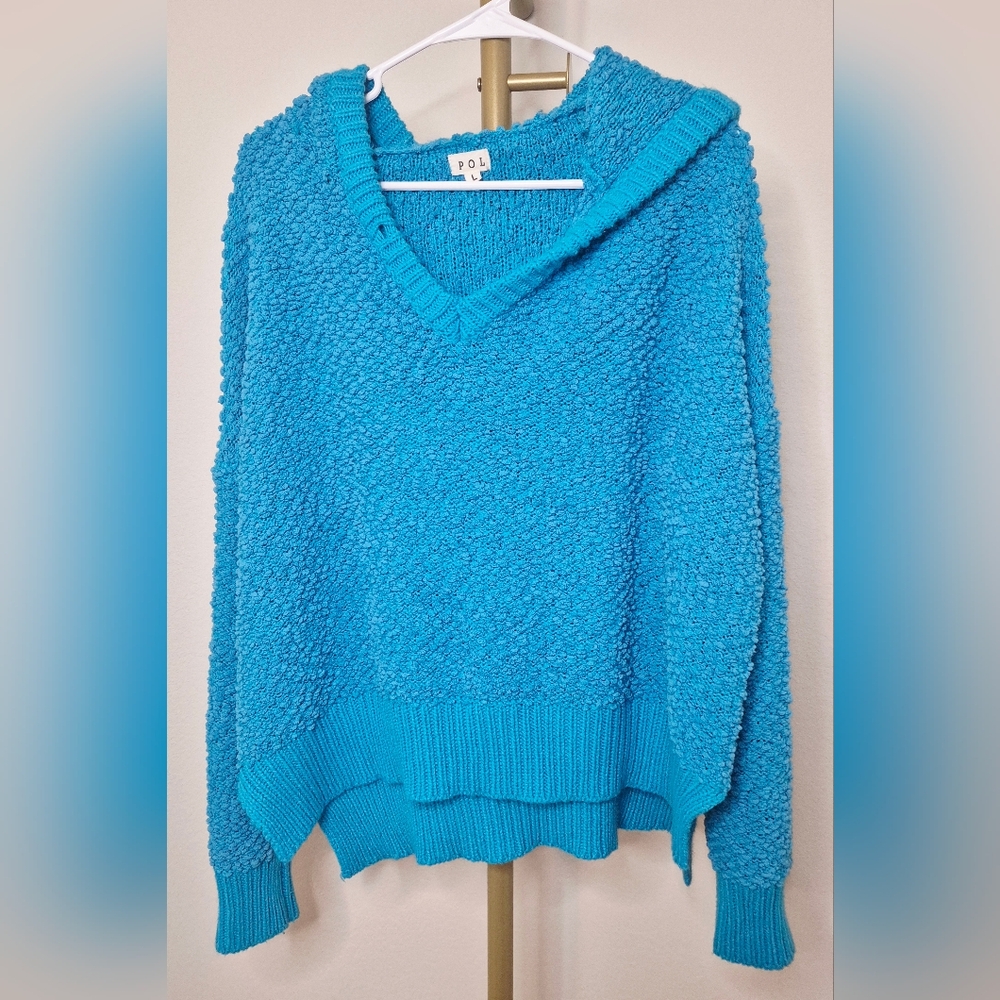 POL Women's V-Neck Hooded Sweater in Bright Turquoise Blue